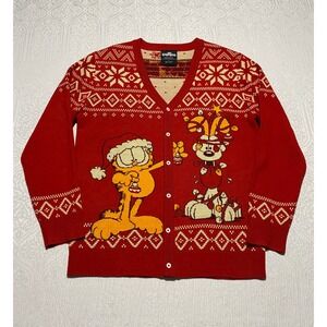 Garfield Odie Mens Medium Red Ugly Christmas Sweater Cardigan Fair Isle